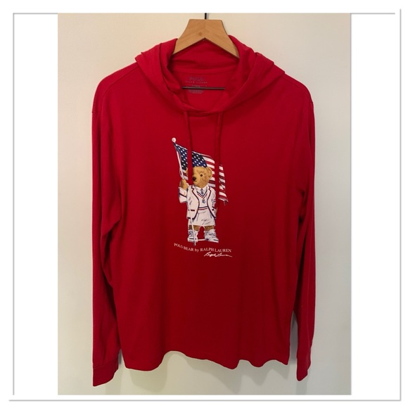 Ralph Lauren Polo Bear Jersey Hooded T-Shirt Red Size Medium - Picture 2 of 8